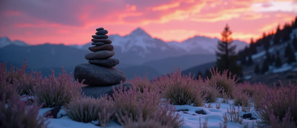 Symbolizing Stability/Peak: A local Indian Paintbrush ancient rock cairn. - AI Generated