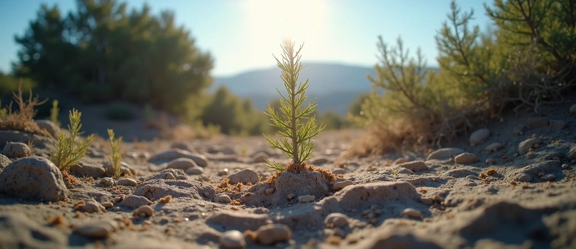 Symbolizing Seed/New Beginning: A local Sierra Juniper shoot emerging from cracked soil. - AI Generated