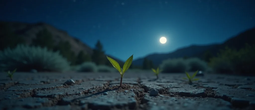 Symbolizing Seed/New Beginning: A local Ponderosa Pine shoot emerging from cracked soil. - AI Generated