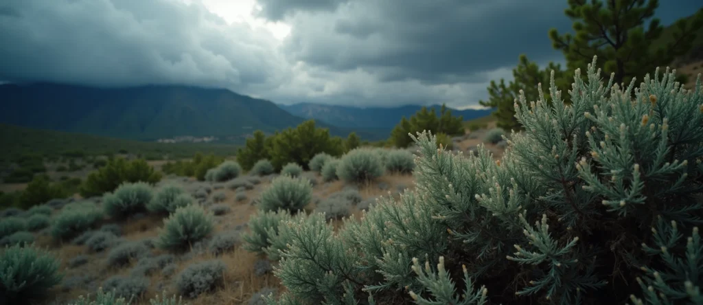 Symbolizing Flow/Cleansing: A local Quaking Aspen raindrops on desert leaves. - AI Generated