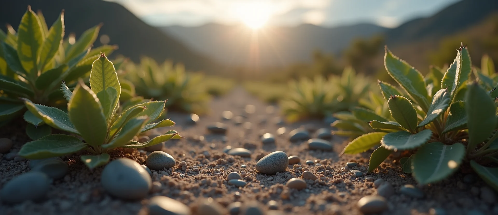 Symbolizing Flow/Cleansing: A local Desert Peach raindrops on desert leaves. - AI Generated