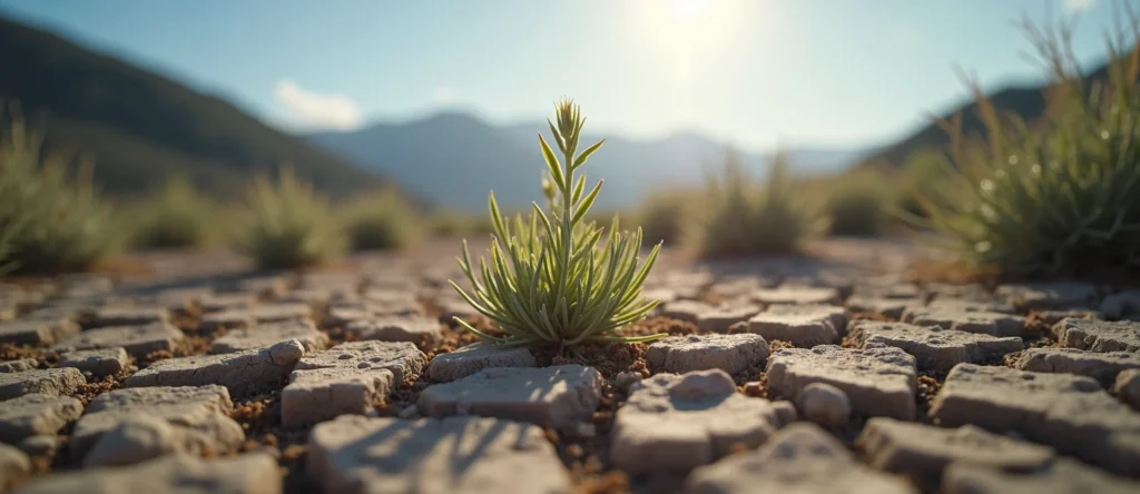 Symbolizing Seed/New Beginning: A local Desert Peach shoot emerging from cracked soil. - AI Generated