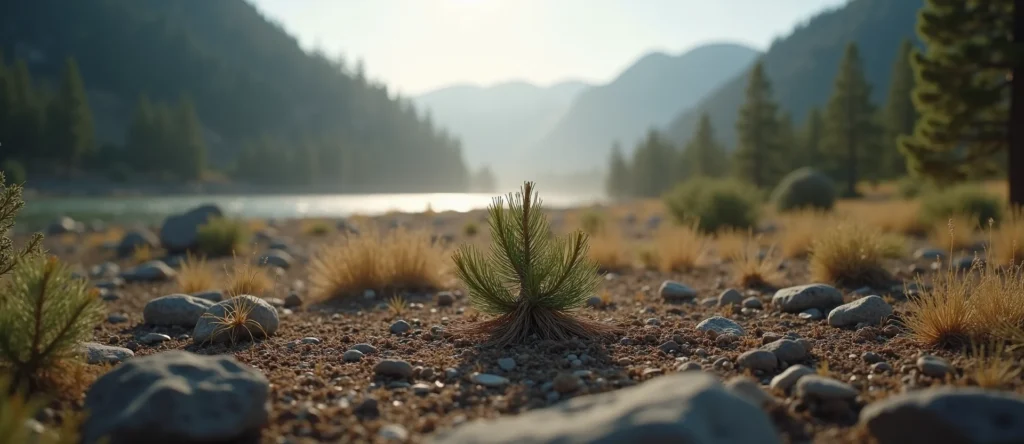 Symbolizing Seed/New Beginning: A local Manzanita single pine seed on dry earth. - AI Generated