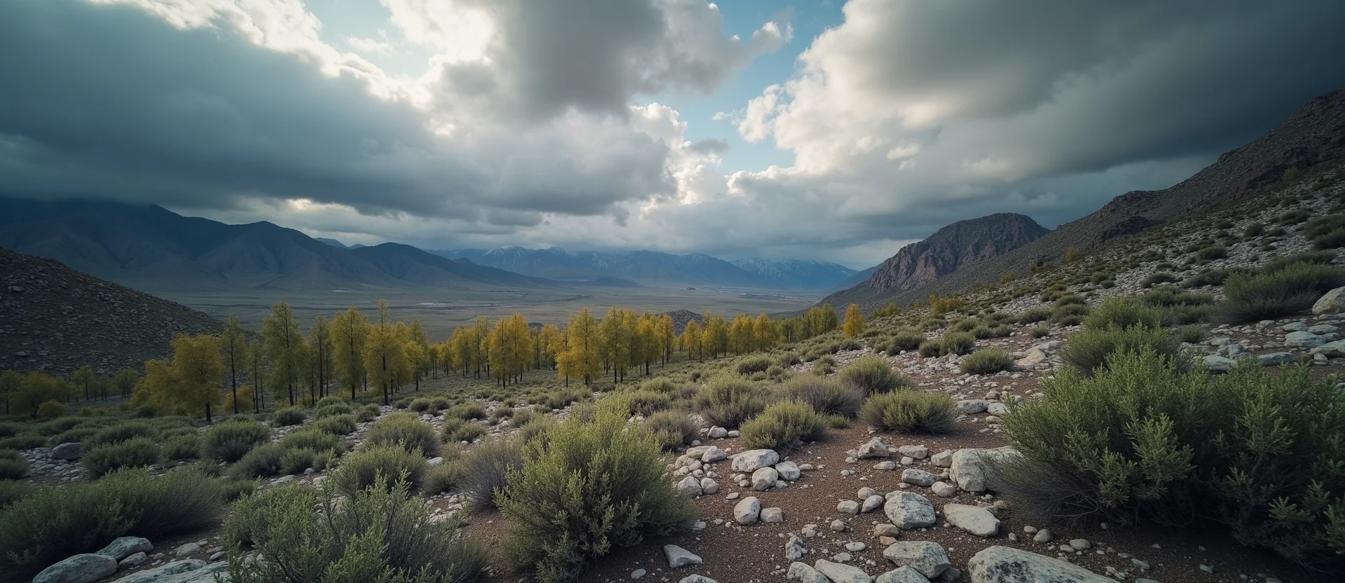 Symbolizing Stability/Peak: A local Quaking Aspen distant Sierra horizon. - AI Generated