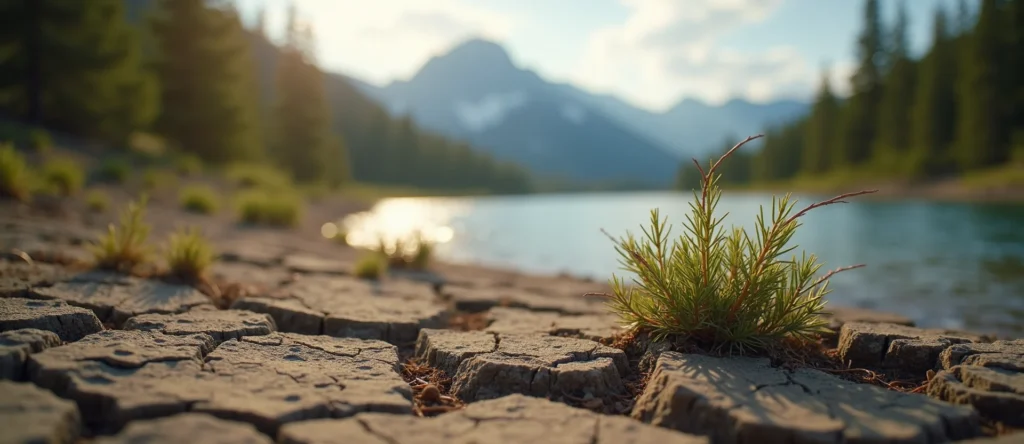 Symbolizing Seed/New Beginning: A local Ponderosa Pine shoot emerging from cracked soil. - AI Generated