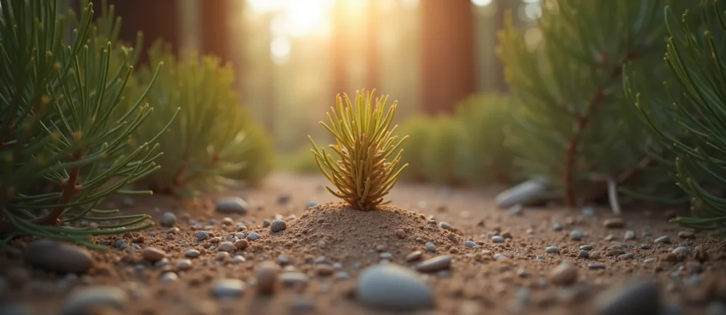 Symbolizing Seed/New Beginning: A local Sierra Juniper single pine seed on dry earth. - AI Generated