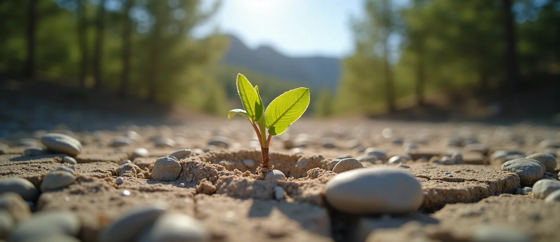 Symbolizing Seed/New Beginning: A local Mountain Mahogany shoot emerging from cracked soil. - AI Generated