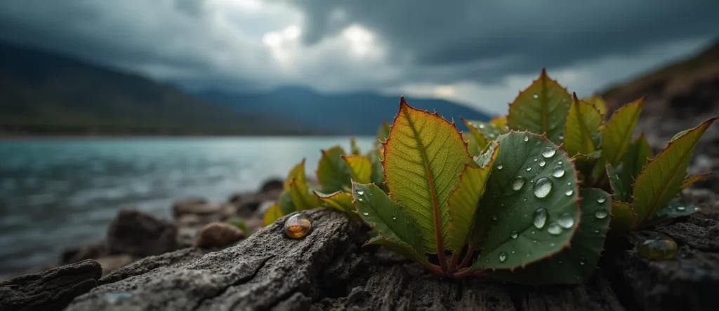 Symbolizing Flow/Cleansing: A local Bitterbrush raindrops on desert leaves. - AI Generated