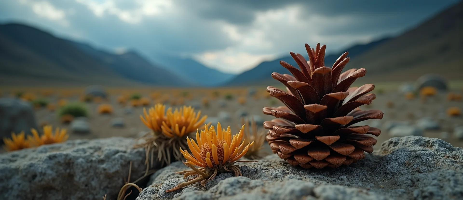 Symbolizing Seed/New Beginning: A local Indian Paintbrush opening pine cone. - AI Generated