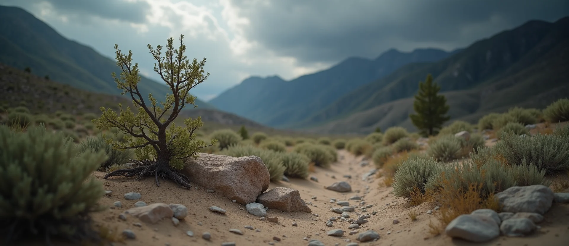 Symbolizing Growth/Resilience: A local Rabbitbrush tree growing out of a rock cleft. - AI Generated