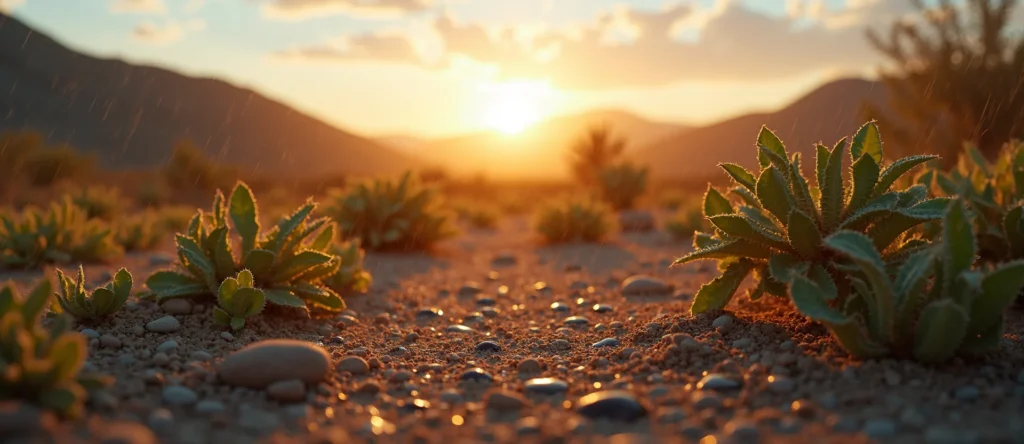 Symbolizing Flow/Cleansing: A local Desert Peach raindrops on desert leaves. - AI Generated