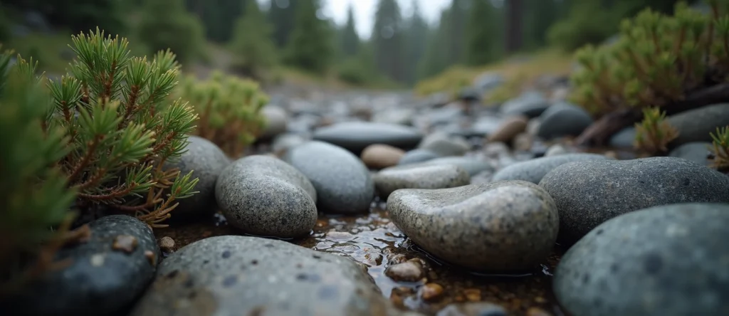 Symbolizing Flow/Cleansing: A local Ponderosa Pine smooth Truckee river stones. - AI Generated