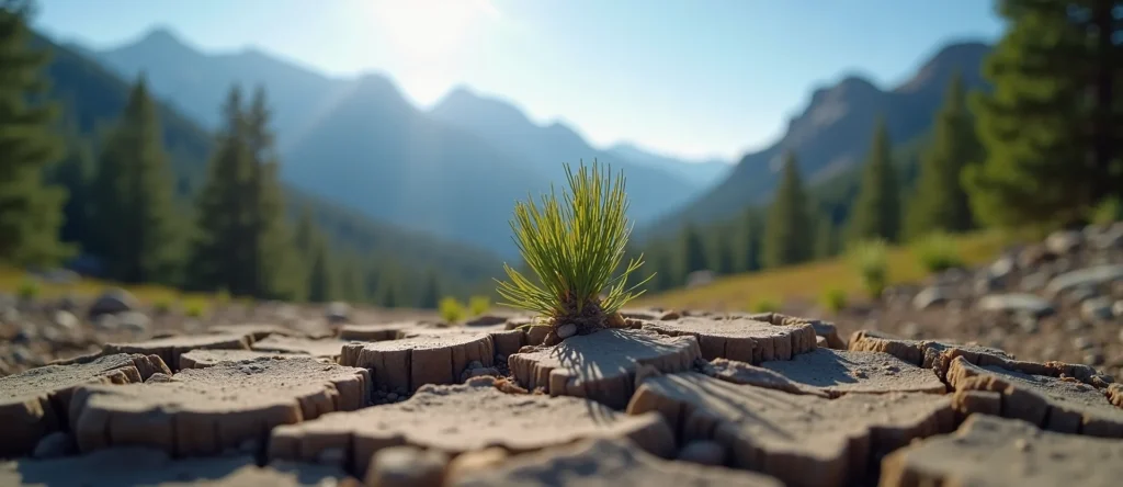 Symbolizing Seed/New Beginning: A local Ponderosa Pine shoot emerging from cracked soil. - AI Generated