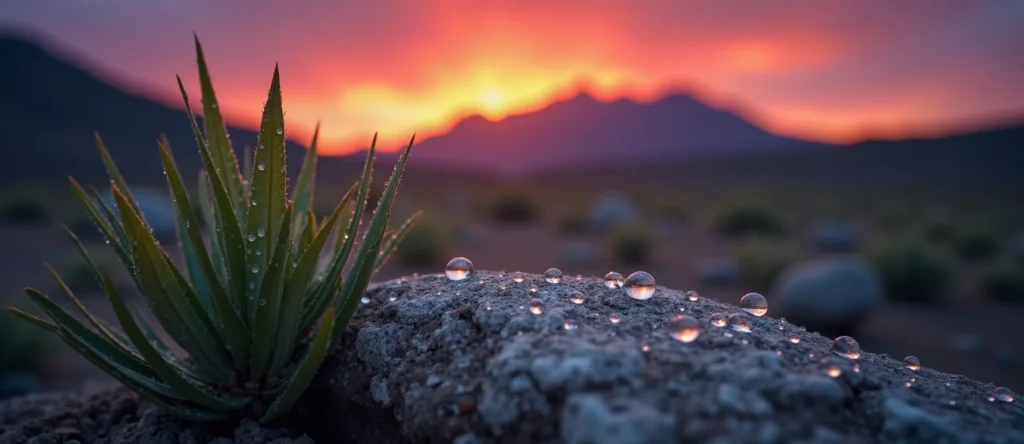 Symbolizing Flow/Cleansing: A local Sagebrush (Artemisia tridentata) raindrops on desert leaves. - AI Generated