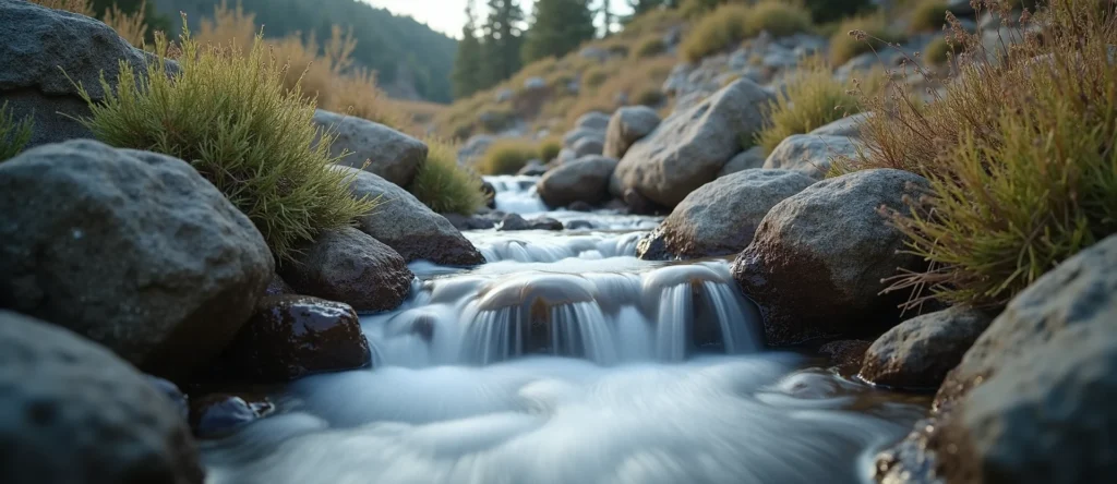 Symbolizing Flow/Cleansing: A local Rabbitbrush hidden small waterfall. - AI Generated