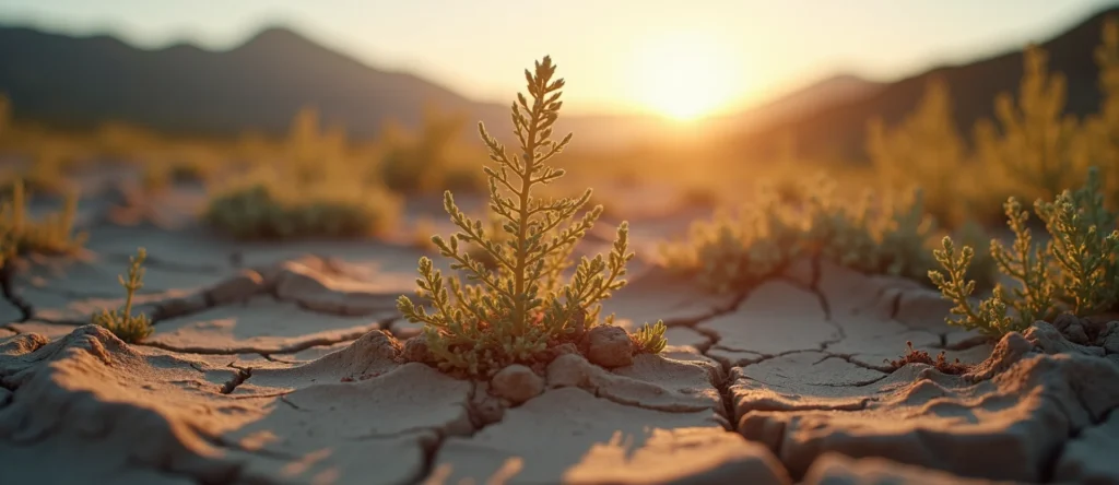 Symbolizing Seed/New Beginning: A local Indian Paintbrush shoot emerging from cracked soil. - AI Generated