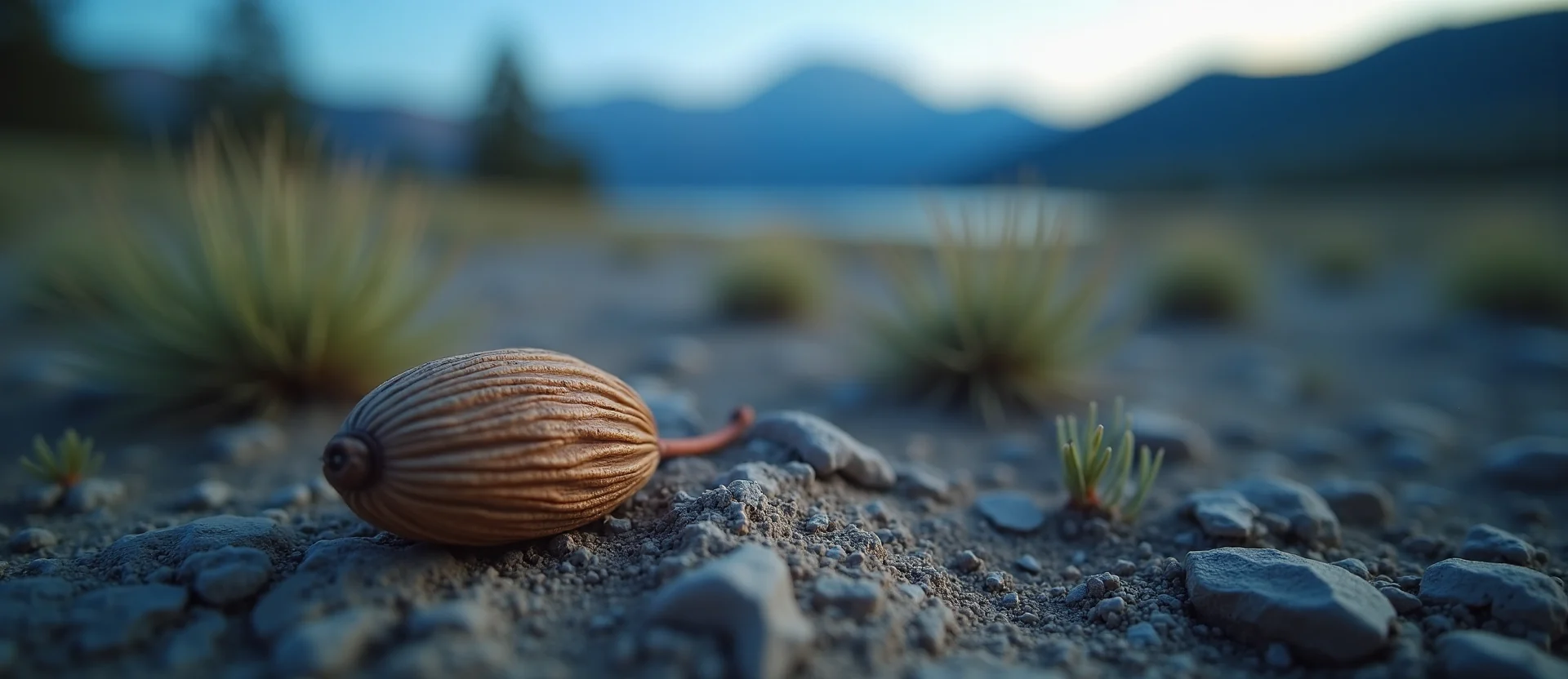 Symbolizing Seed/New Beginning: A local Indian Paintbrush single pine seed on dry earth. - AI Generated