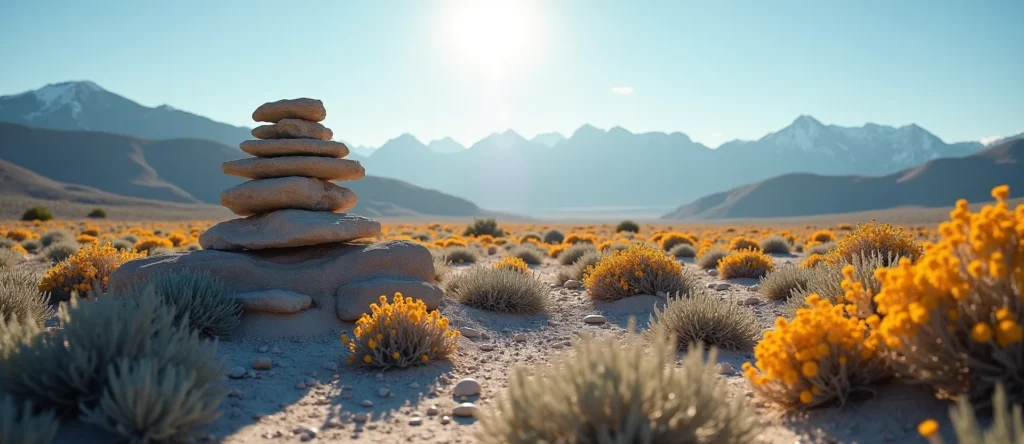Symbolizing Stability/Peak: A local Indian Paintbrush ancient rock cairn. - AI Generated