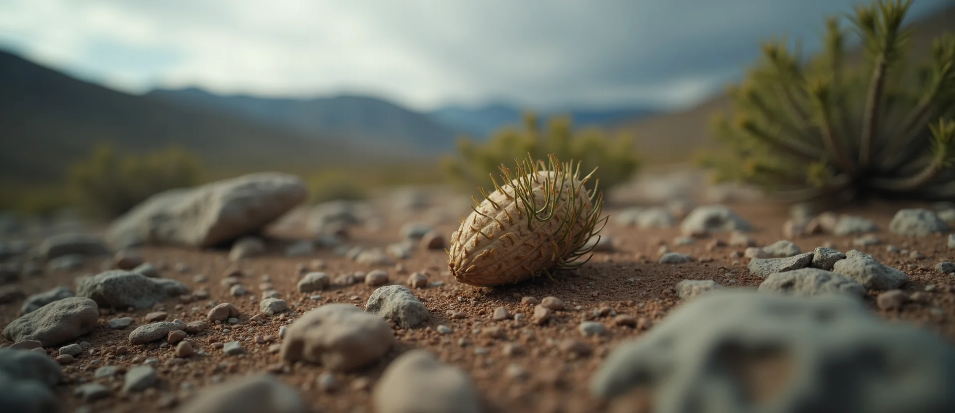 Symbolizing Seed/New Beginning: A local Desert Peach single pine seed on dry earth. - AI Generated