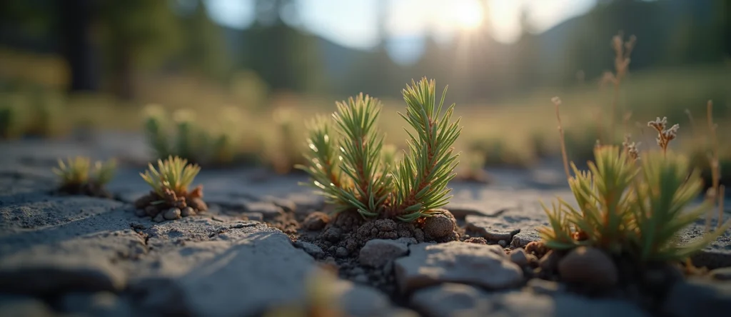 Symbolizing Seed/New Beginning: A local Bitterbrush shoot emerging from cracked soil. - AI Generated