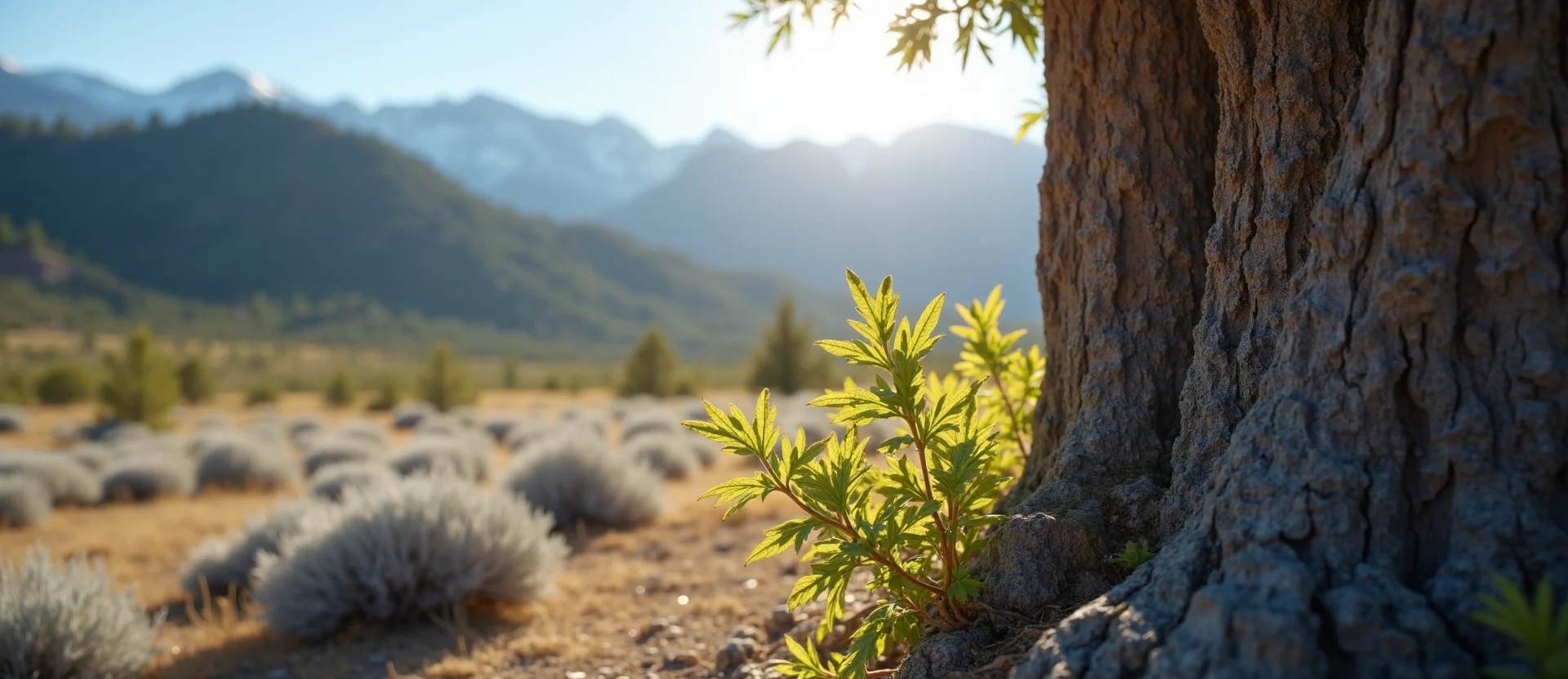Symbolizing Growth/Resilience: A local Rabbitbrush sturdy weathered tree trunk. - AI Generated