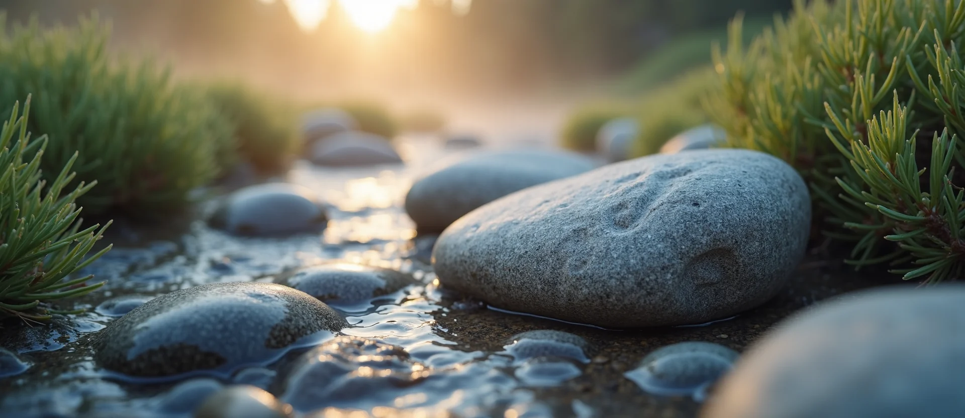 Symbolizing Flow/Cleansing: A local Sagebrush (Artemisia tridentata) smooth Truckee river stones. - AI Generated