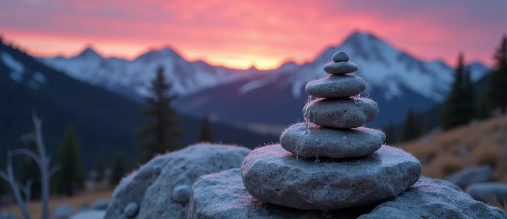 Symbolizing Stability/Peak: A local Quaking Aspen ancient rock cairn. - AI Generated