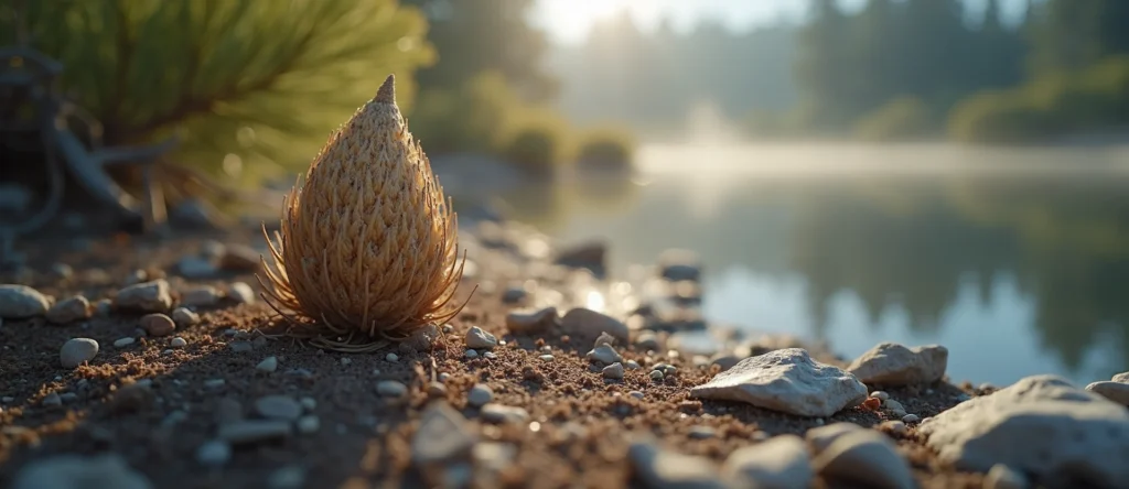 Symbolizing Seed/New Beginning: A local Sierra Juniper single pine seed on dry earth. - AI Generated