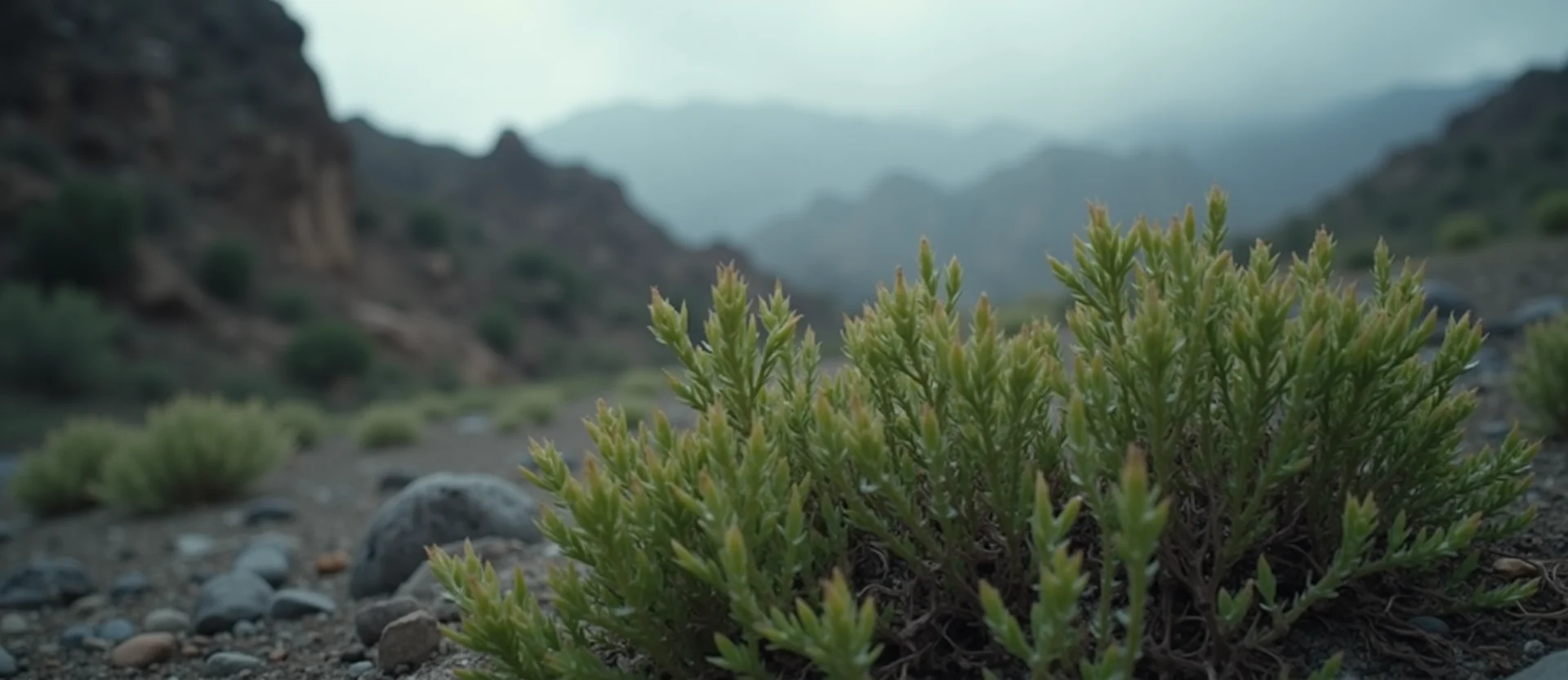 Symbolizing Flow/Cleansing: A local Rabbitbrush raindrops on desert leaves. - AI Generated