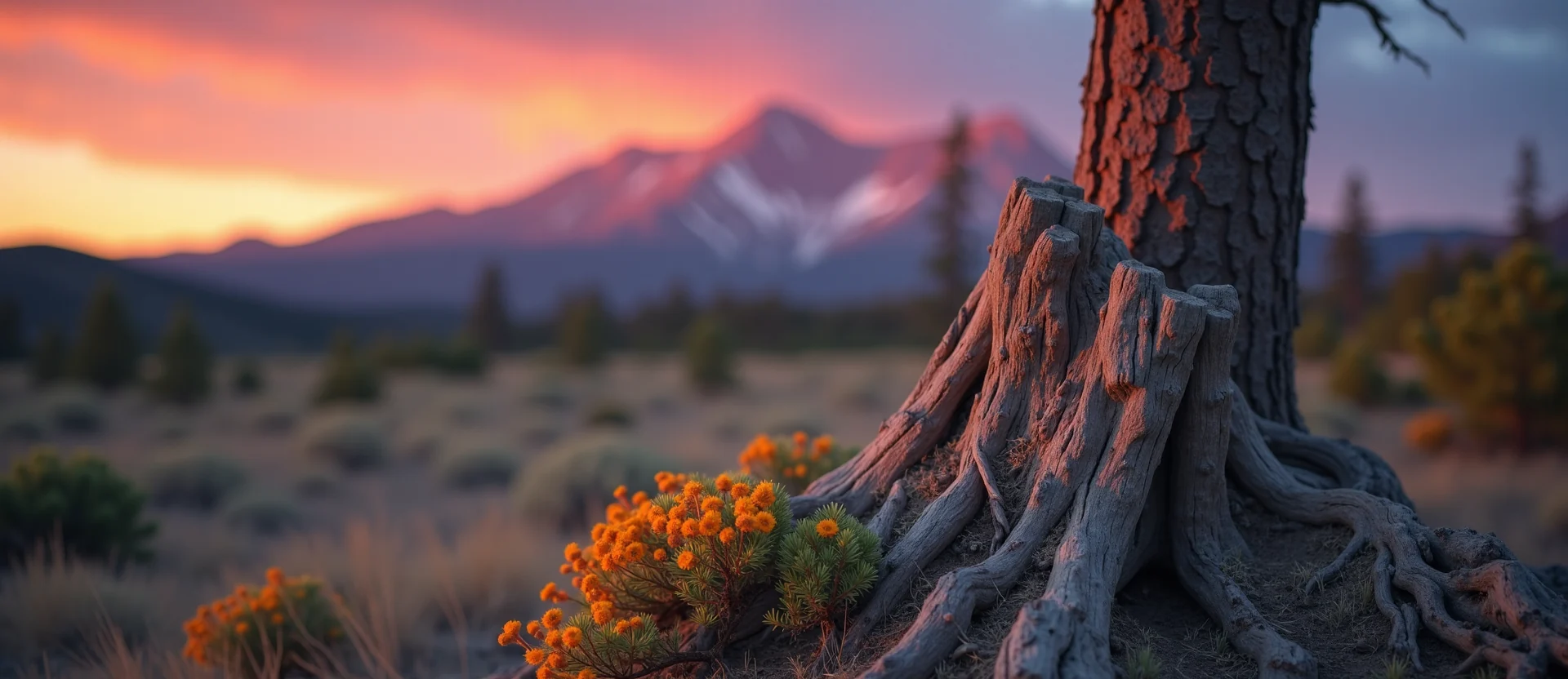 Symbolizing Growth/Resilience: A local Indian Paintbrush sturdy weathered tree trunk. - AI Generated