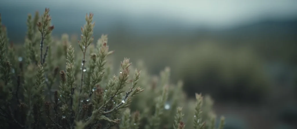 Symbolizing Flow/Cleansing: A local Bitterbrush raindrops on desert leaves. - AI Generated