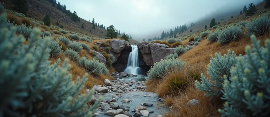 Symbolizing Flow/Cleansing: A local Indian Paintbrush hidden small waterfall. - AI Generated
