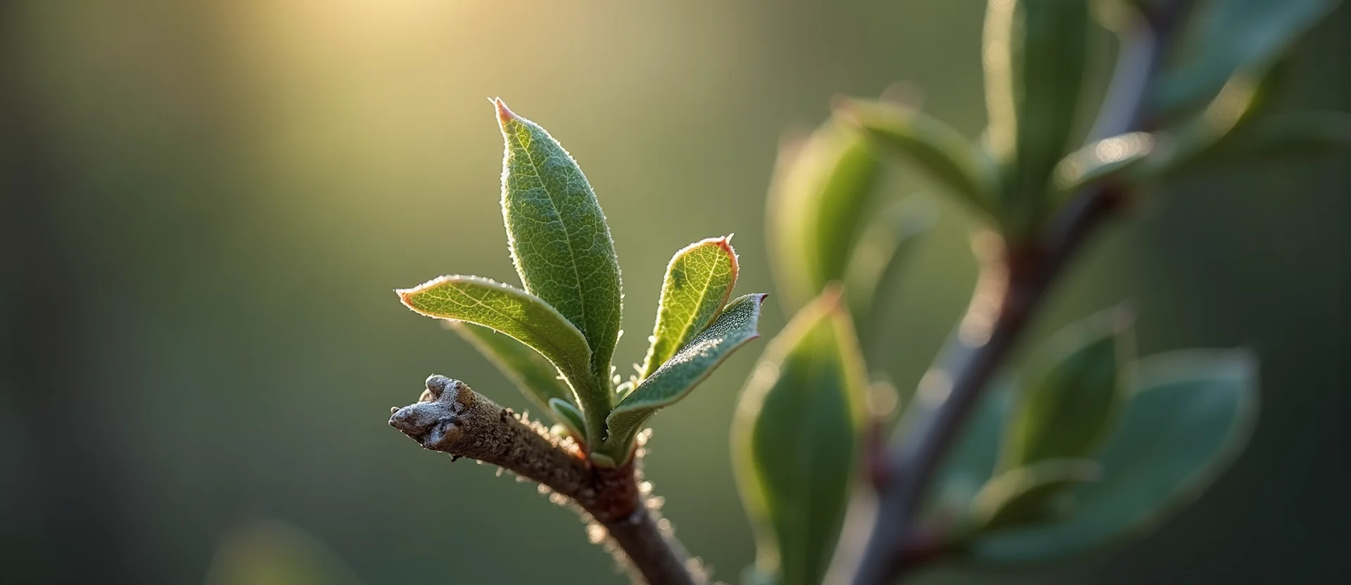 Symbolizing Seed/New Beginning: A local Mountain Mahogany new green bud on a branch. - AI Generated