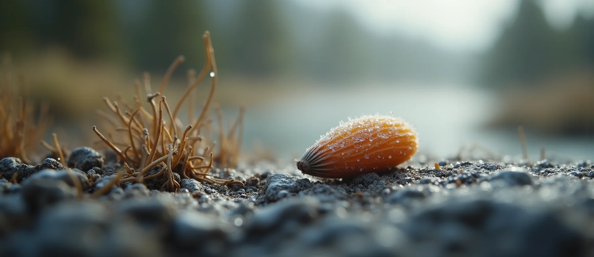 Symbolizing Seed/New Beginning: A local Desert Peach single pine seed on dry earth. - AI Generated