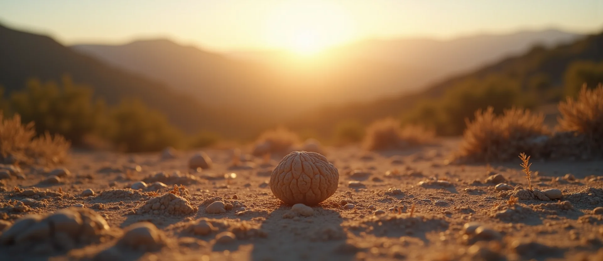Symbolizing Seed/New Beginning: A local Manzanita single pine seed on dry earth. - AI Generated