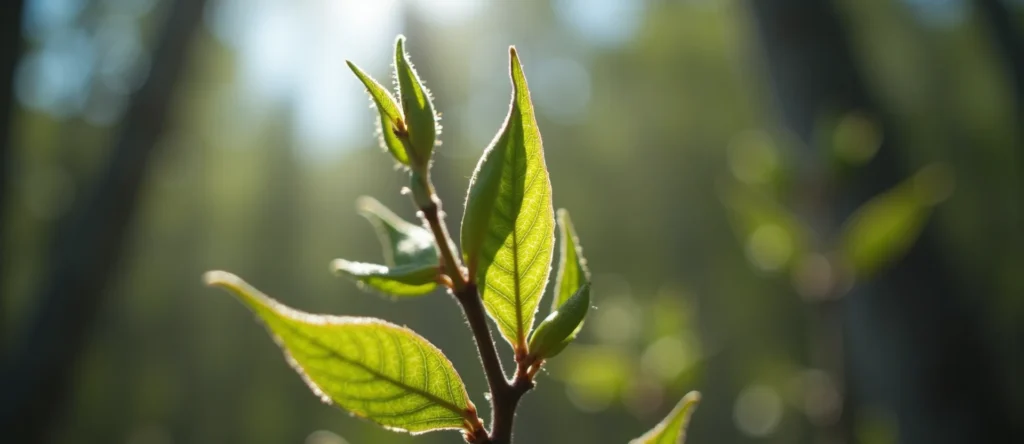 Symbolizing Seed/New Beginning: A local Quaking Aspen new green bud on a branch. - AI Generated
