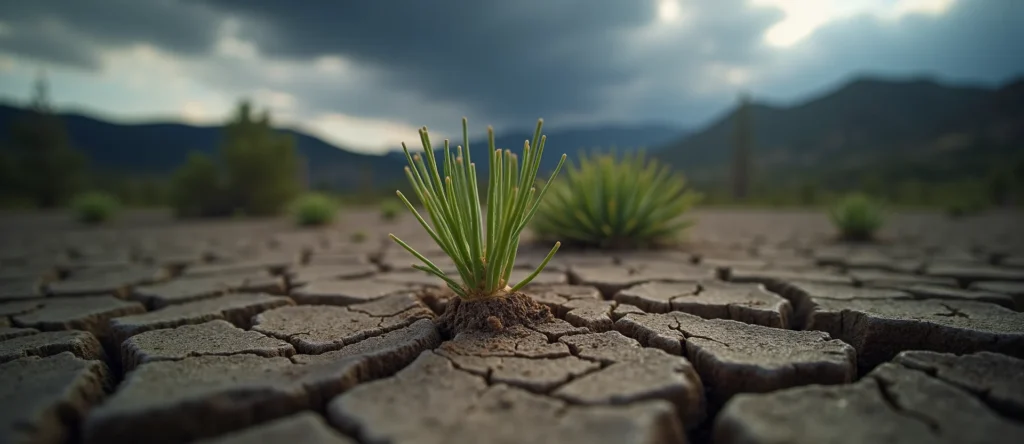 Symbolizing Seed/New Beginning: A local Mountain Mahogany shoot emerging from cracked soil. - AI Generated