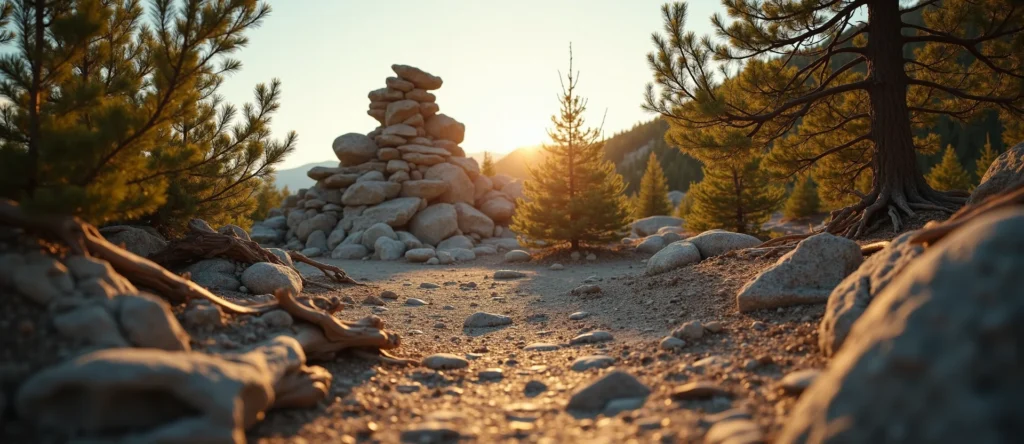 Symbolizing Stability/Peak: A local Sierra Juniper ancient rock cairn. - AI Generated