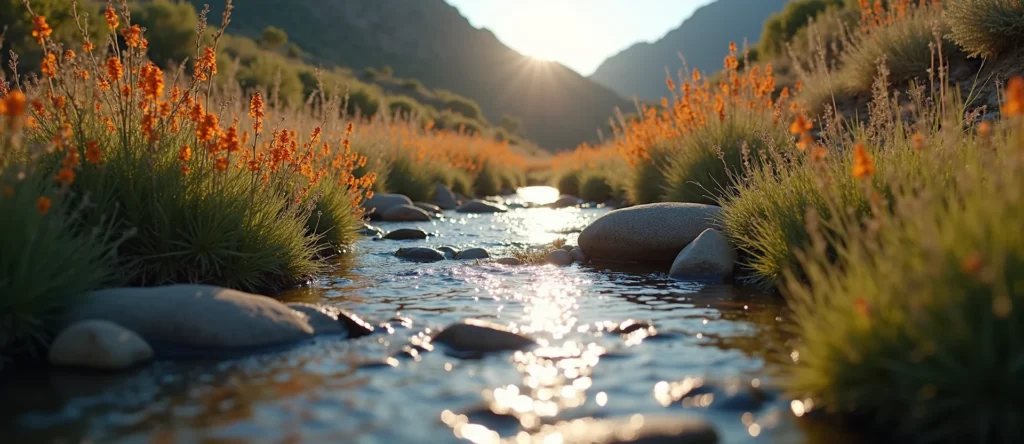 Symbolizing Flow/Cleansing: A local Indian Paintbrush hidden small waterfall. - AI Generated