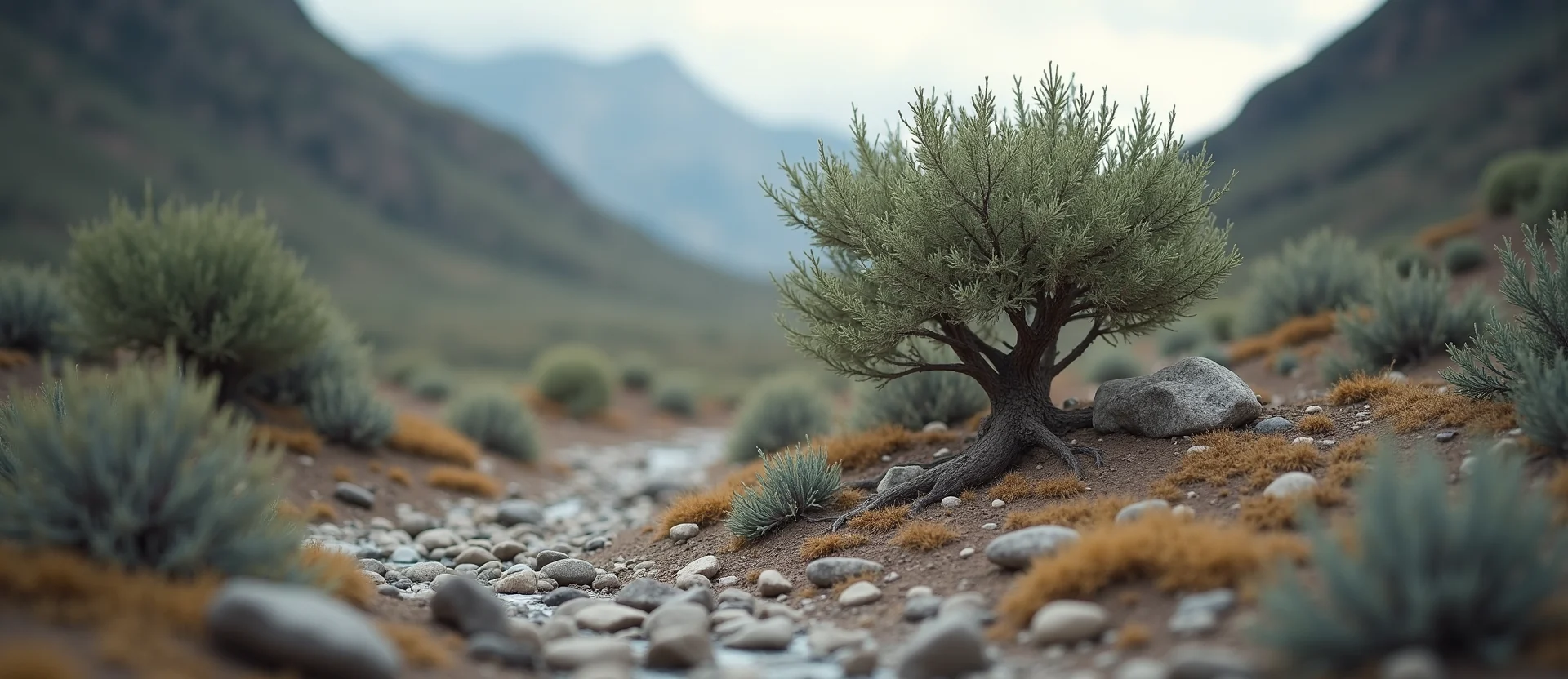 Symbolizing Growth/Resilience: A local Rabbitbrush tree growing out of a rock cleft. - AI Generated