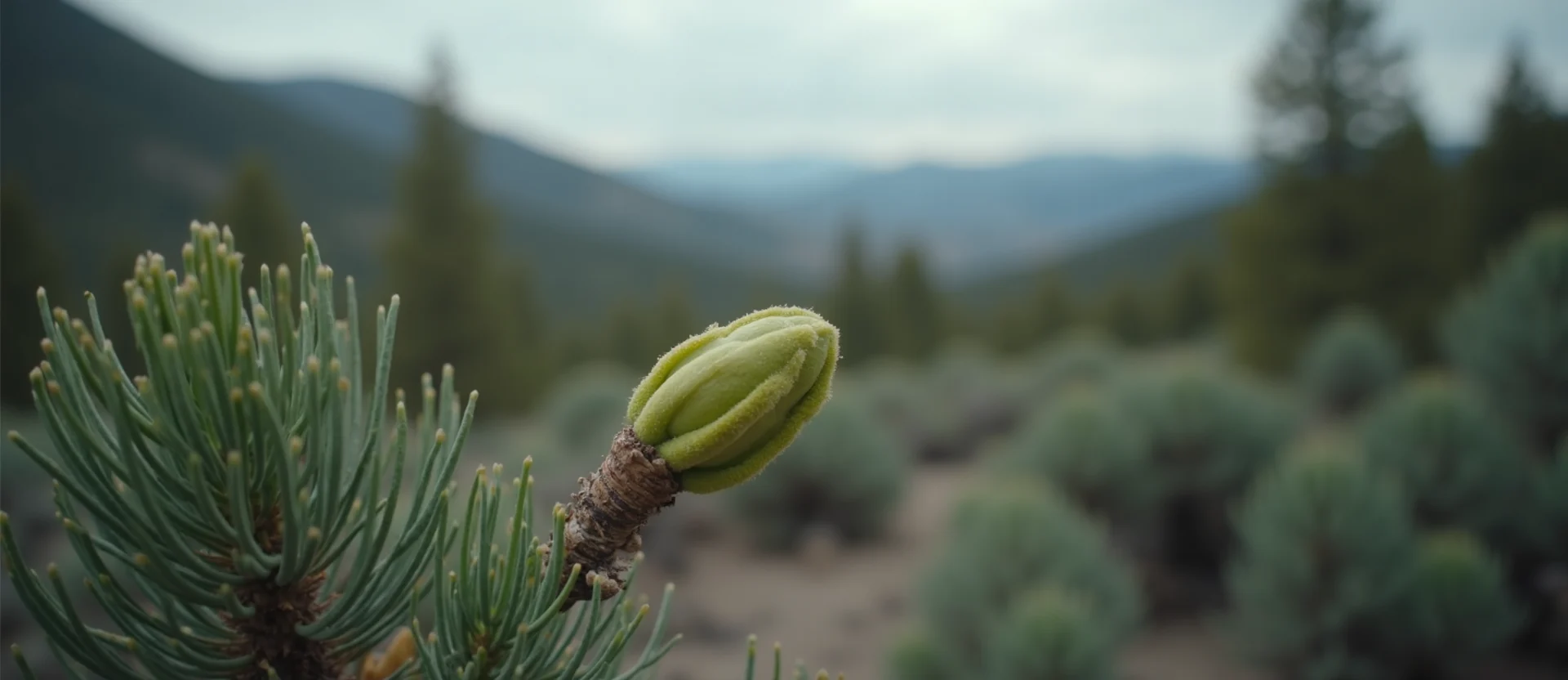 Symbolizing Seed/New Beginning: A local Sierra Juniper new green bud on a branch. - AI Generated