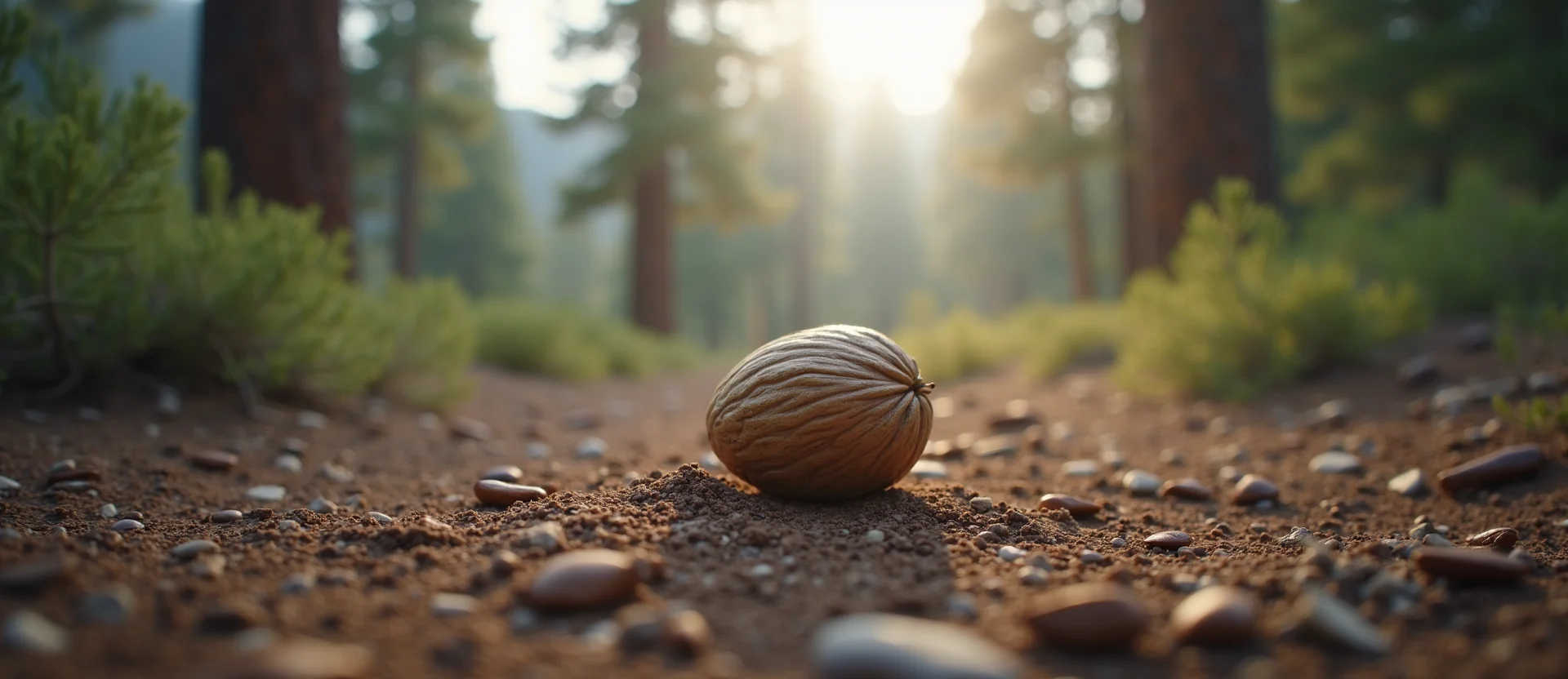 Symbolizing Seed/New Beginning: A local Sierra Juniper single pine seed on dry earth. - AI Generated
