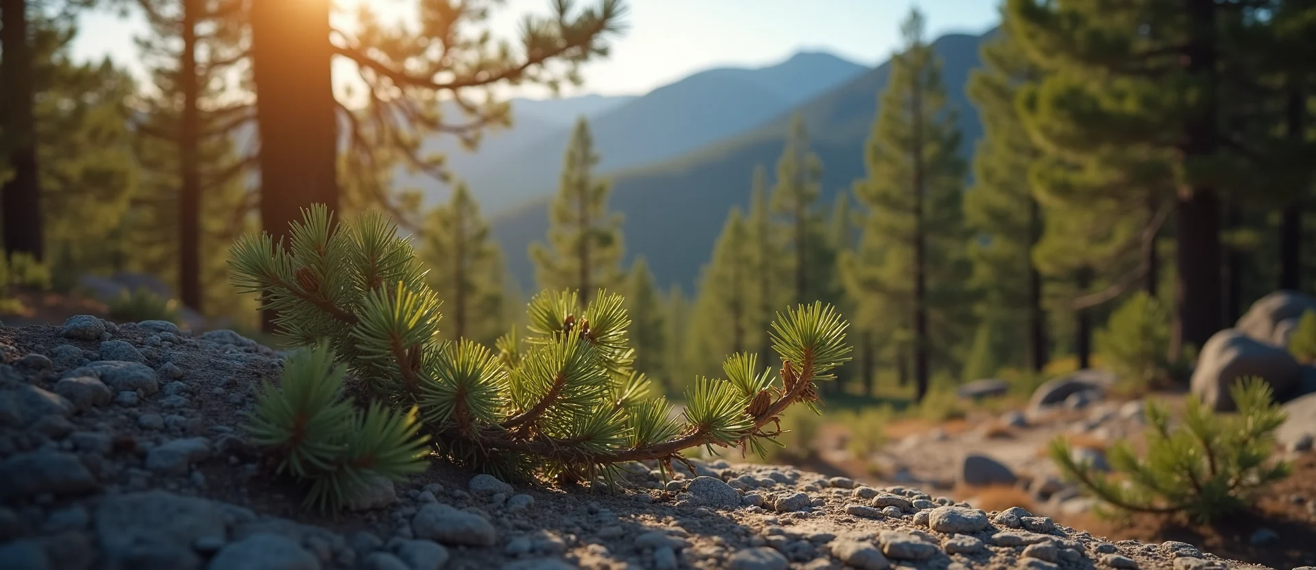 Symbolizing Seed/New Beginning: A local Ponderosa Pine new green bud on a branch. - AI Generated