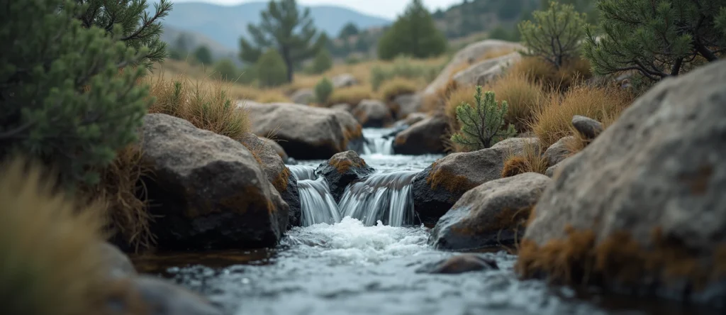Symbolizing Flow/Cleansing: A local Bitterbrush hidden small waterfall. - AI Generated