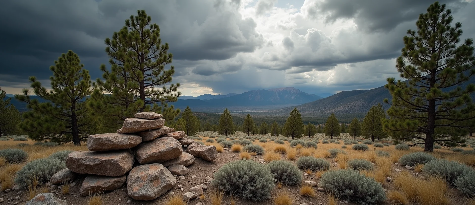 Symbolizing Stability/Peak: A local Ponderosa Pine ancient rock cairn. - AI Generated
