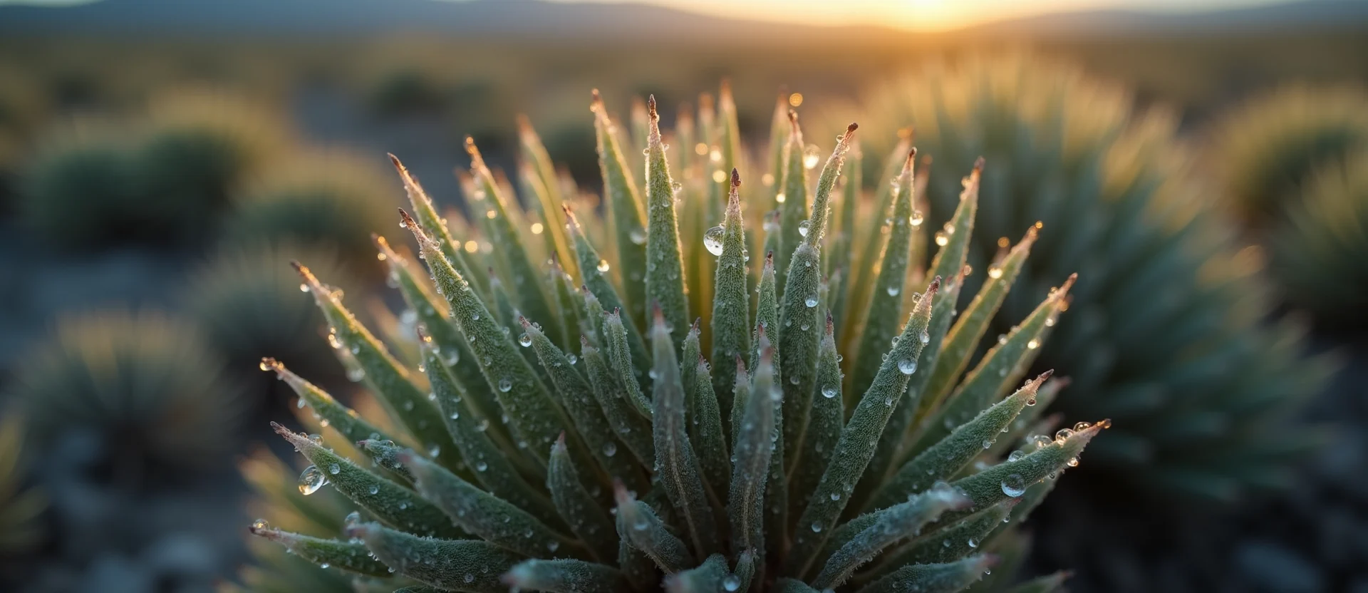 Symbolizing Flow/Cleansing: A local Sagebrush (Artemisia tridentata) raindrops on desert leaves. - AI Generated