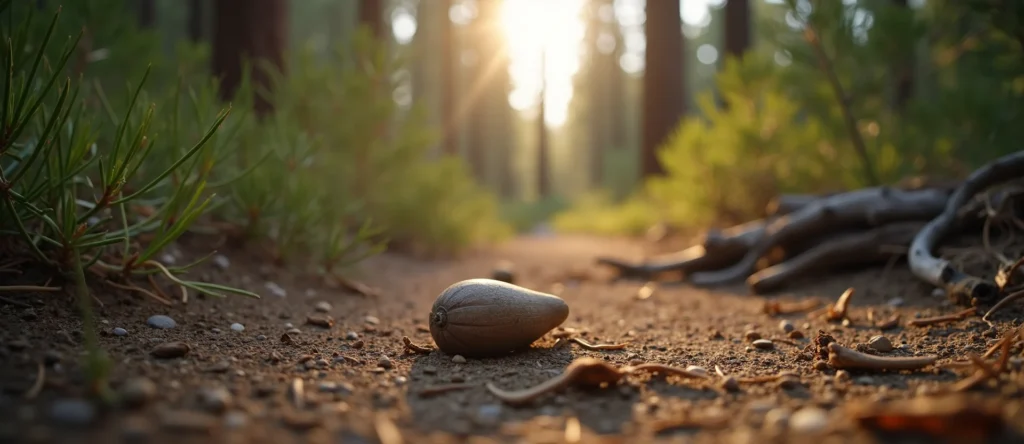Symbolizing Seed/New Beginning: A local Ponderosa Pine single pine seed on dry earth. - AI Generated