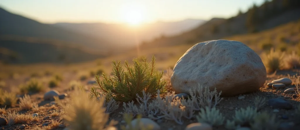 Symbolizing Stability/Peak: A local Rabbitbrush unshakable boulder. - AI Generated