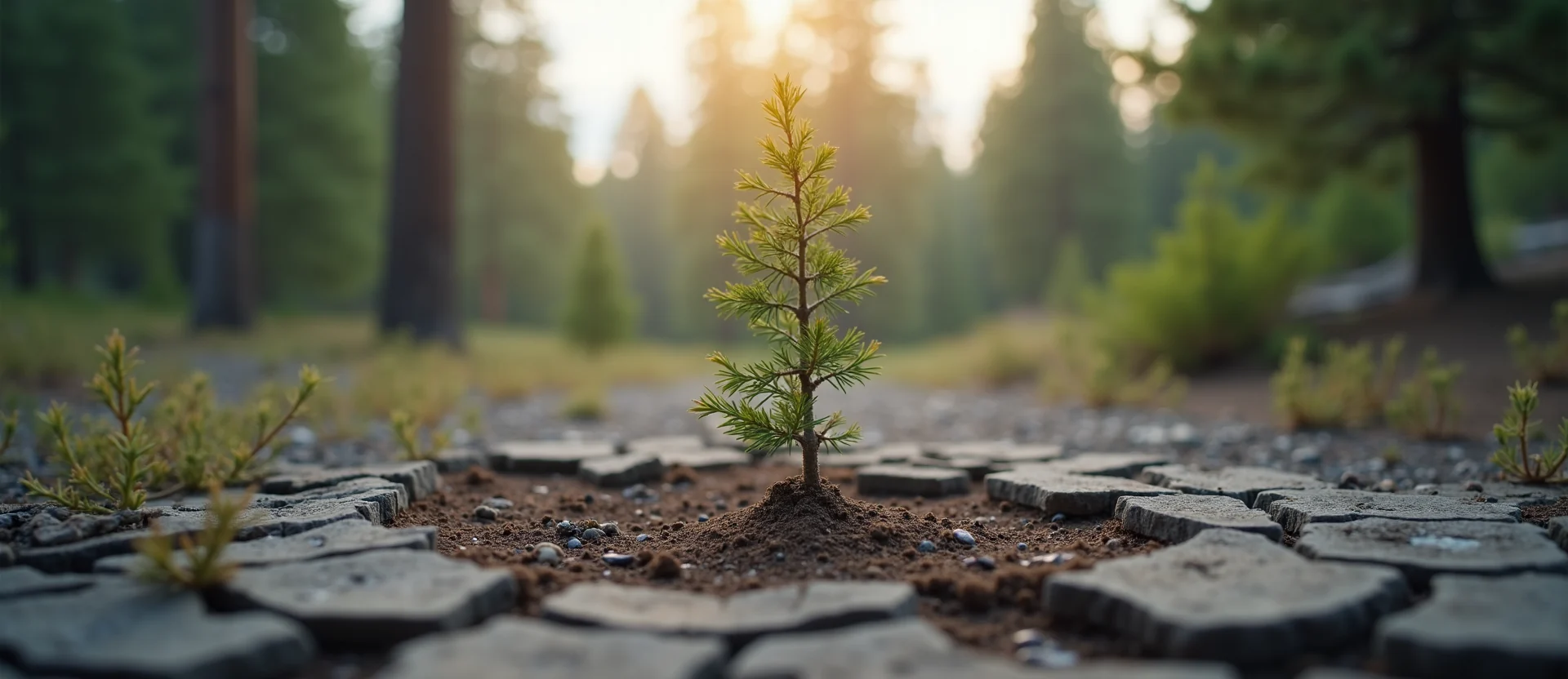 Symbolizing Seed/New Beginning: A local Sierra Juniper shoot emerging from cracked soil. - AI Generated