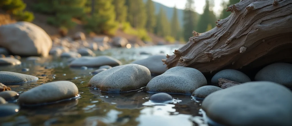 Symbolizing Flow/Cleansing: A local Manzanita smooth Truckee river stones. - AI Generated